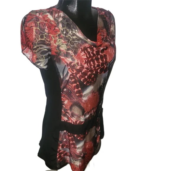 Champagne By Le Grenier Colorful Draped Neckline And Short Flutter Sleeved Top M - Picture 2 of 7